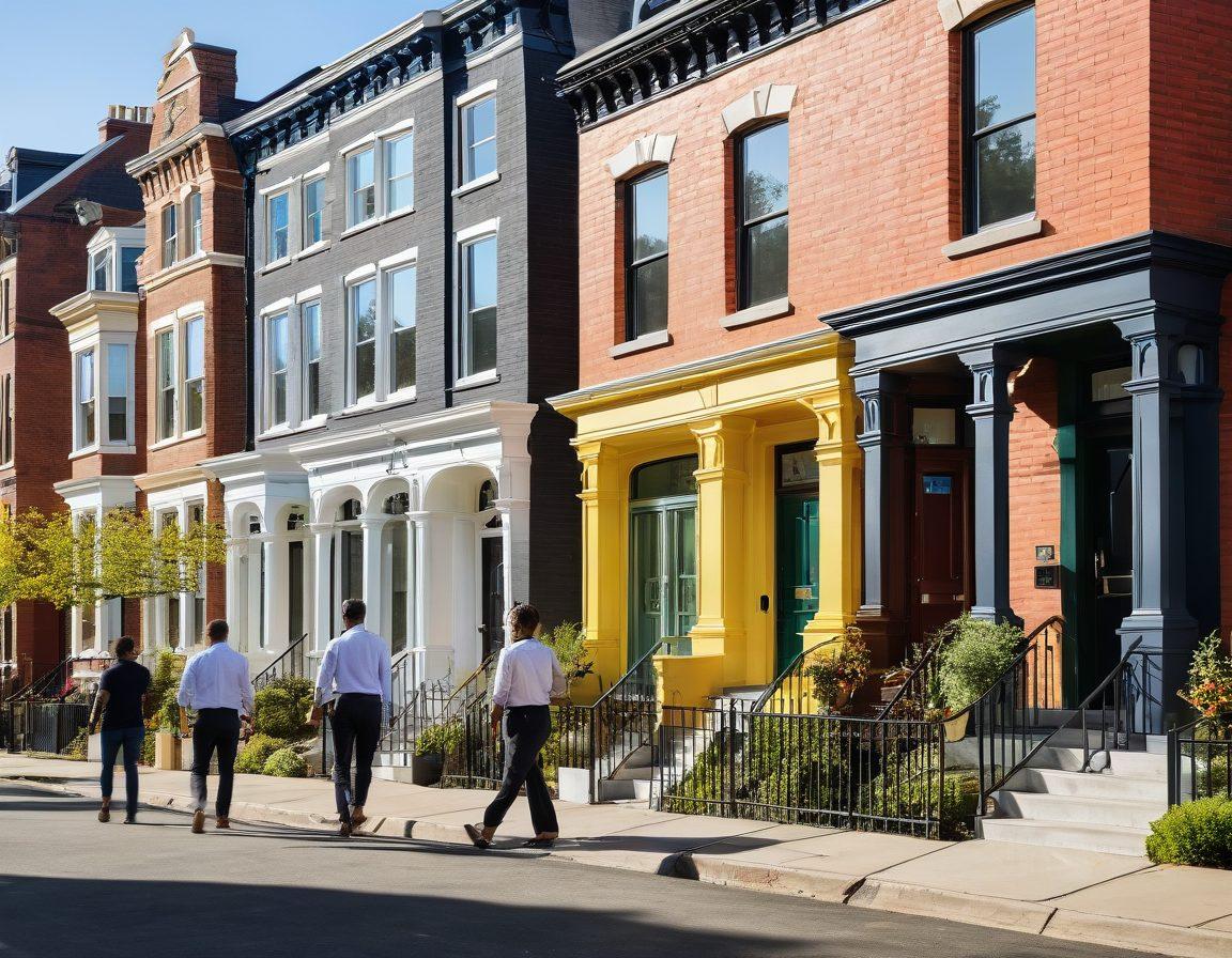 A bustling real estate market scene with diverse people engaging in property transactions, surrounded by various residential homes showcasing different architectural styles. A clock subtly hints at the importance of time in the process. Vibrant, warm colors to evoke a sense of community and optimism. super-realistic. vibrant colors. 3D.