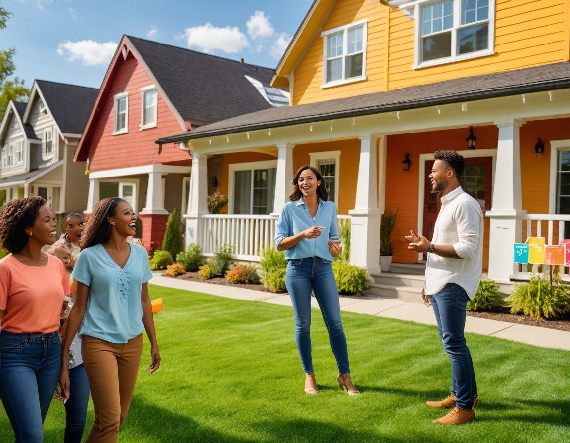 A diverse group of people, including a first-time homebuyer and a seasoned investor, engaged in a lively discussion near a model house set on a vibrant neighborhood block. Include visual elements like charts or graphs overlaying the scene, symbolizing market trends. The background should depict a sunny day with manicured lawns and sold signs. super-realistic. vibrant colors.