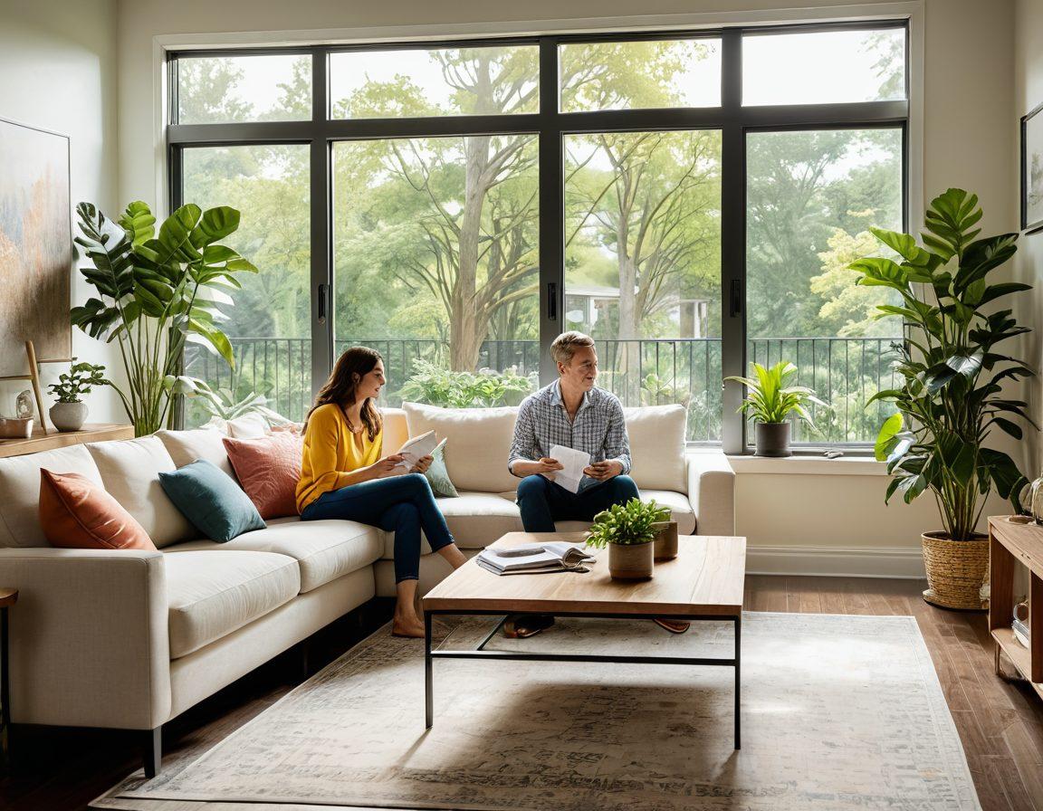 A cozy, modern living room with large windows showing a sunny residential neighborhood, a couple joyfully discussing over a house blueprint, surrounded by plants and home decor items that symbolize warmth and love. The scene conveys a sense of guidance and connection to the residential real estate market. bright colors. super-realistic.